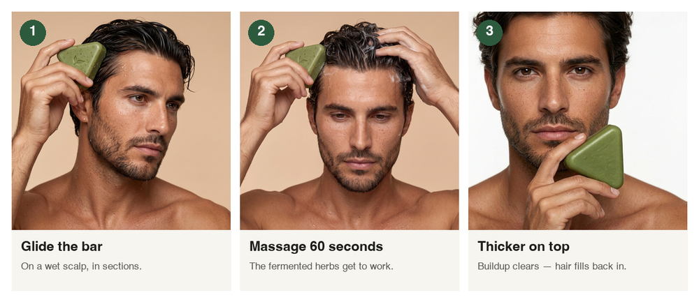 The actual 60-second ritual — glide the bar on a wet scalp, massage, and let the fermented herbs clear the buildup so dormant follicles can wake up.