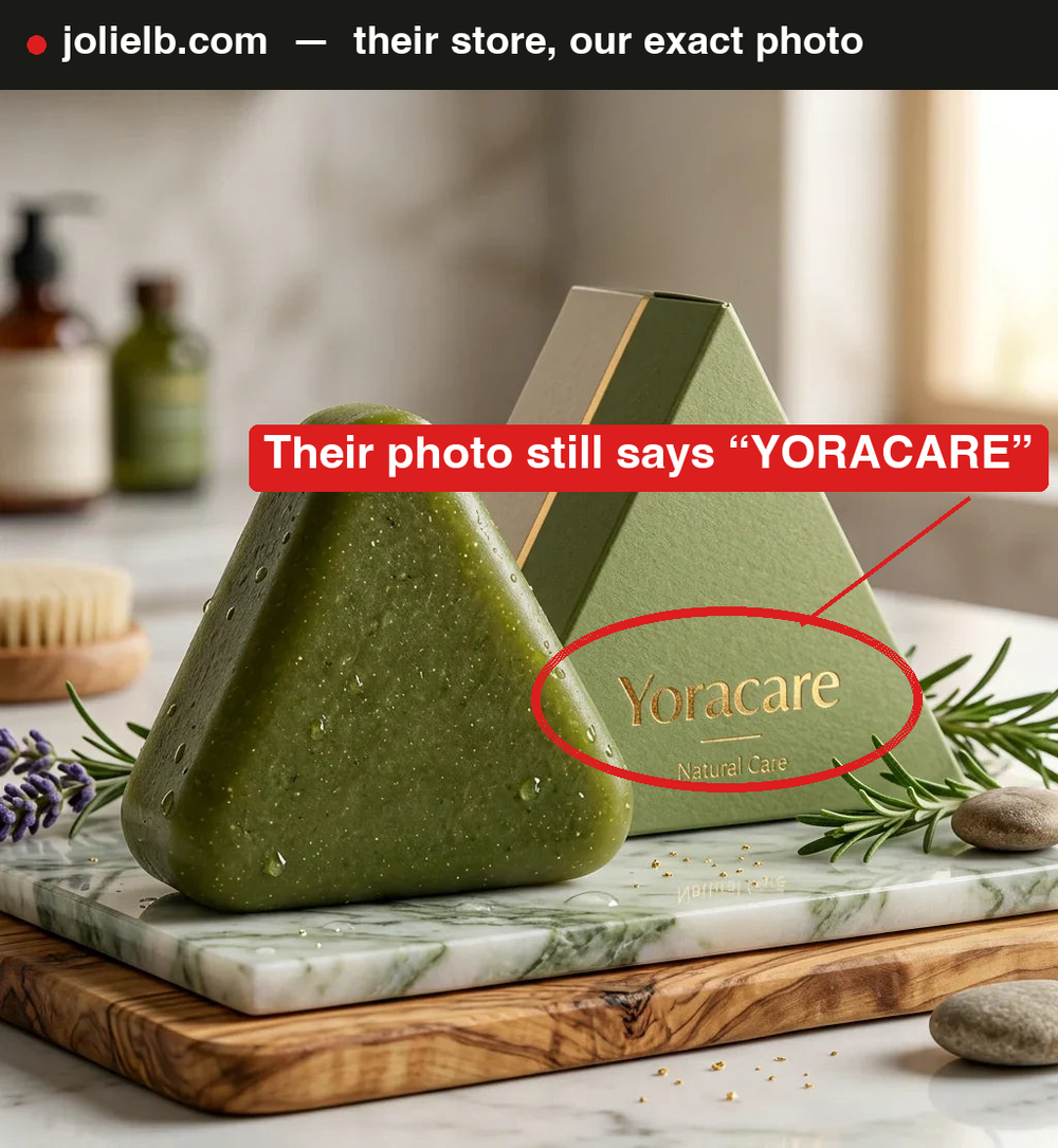 jolielb.com sells this as their own “Korean Scalp Revival Bar” — using our exact product photo. The packaging in their own listing still says Yoracare. They just changed the name on their website.