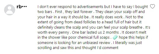 Screenshot of a Facebook comment about the Yoracare shampoo bar