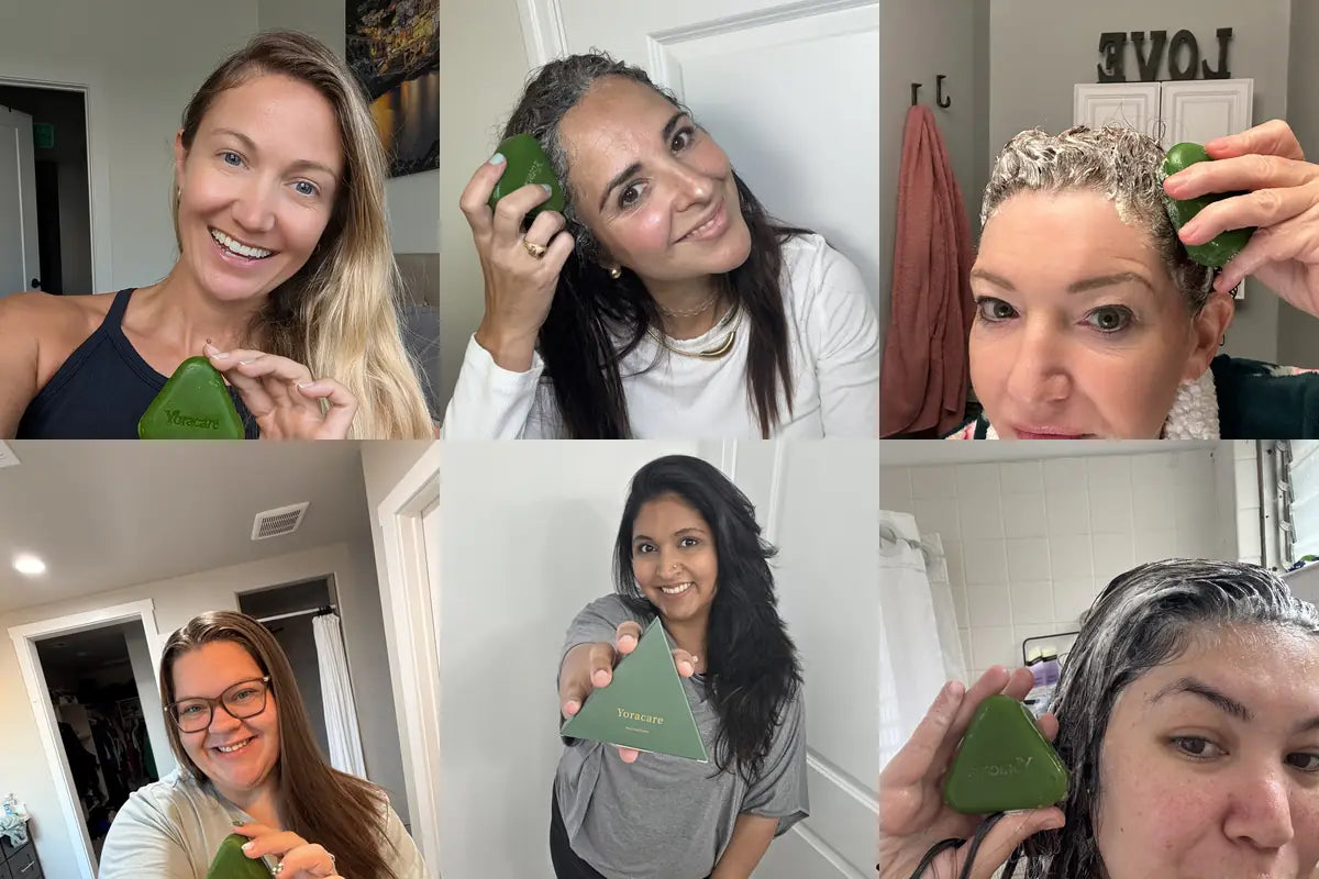 Content creator showing the Yoracare shampoo bar in their bathroom